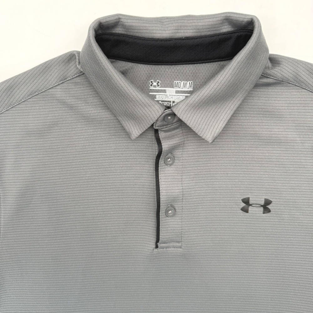 Under Armour Polo Shirt Men M Gray HeatGear Loose Fit Micro-Stripe Short Sleeve